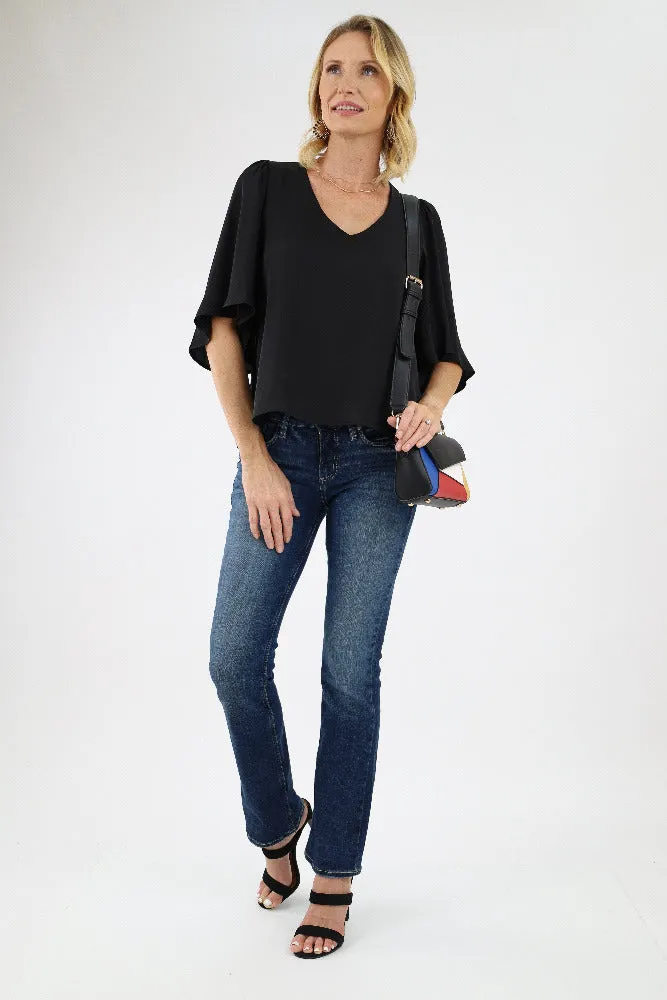 Poly Silk Petal Sleeve Top - Black