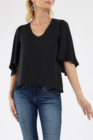 Poly Silk Petal Sleeve Top - Black
