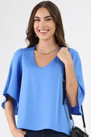 Poly Silk Petal Sleeve Top - Blue