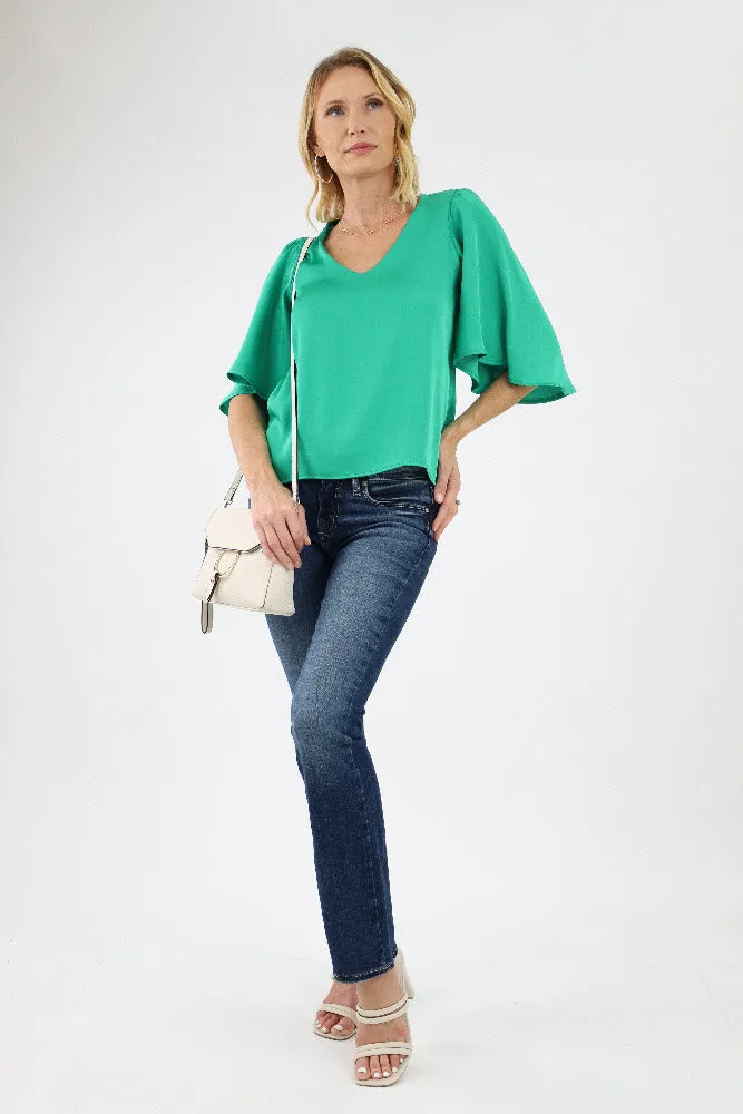 Poly Silk Petal Sleeve Top - Green