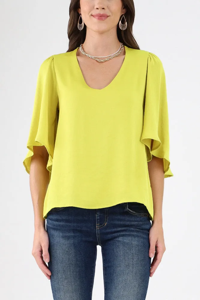 Poly Silk Petal Sleeve Top - Green
