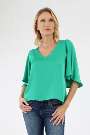 Poly Silk Petal Sleeve Top - Green