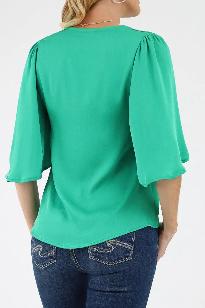Poly Silk Petal Sleeve Top - Green