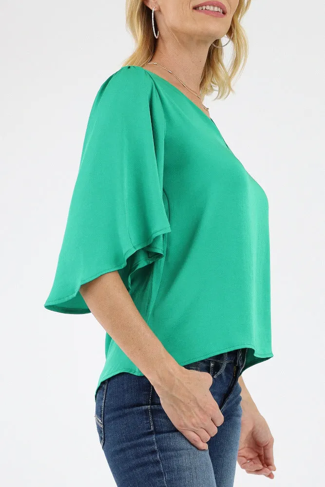 Poly Silk Petal Sleeve Top - Green