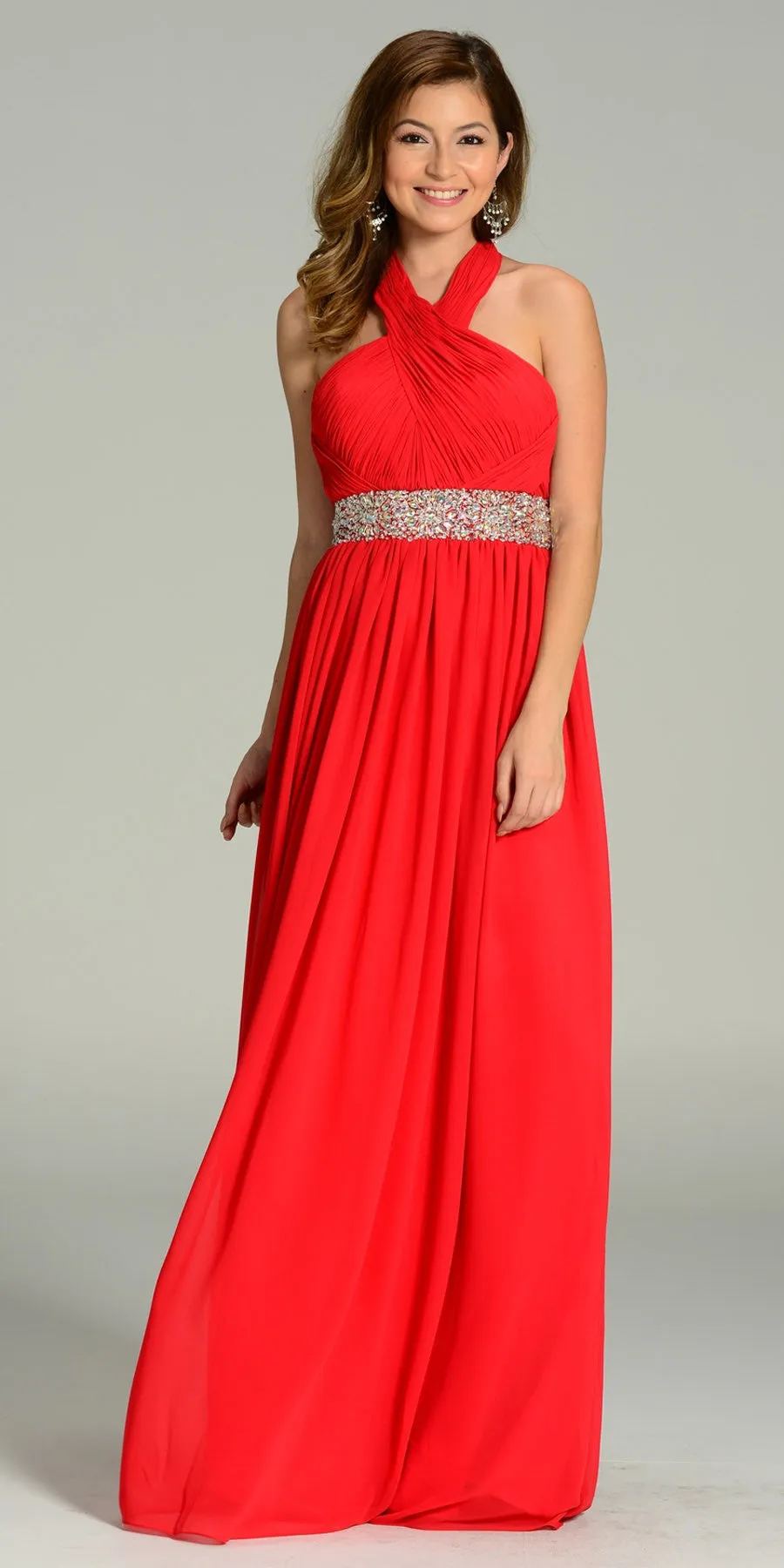 Poly USA 7248 Long Chiffon Column Gown Halter Rhinestone Waist