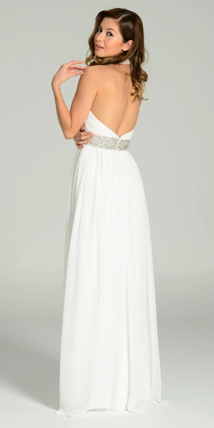 Poly USA 7248 Long Chiffon Column Gown Halter Rhinestone Waist
