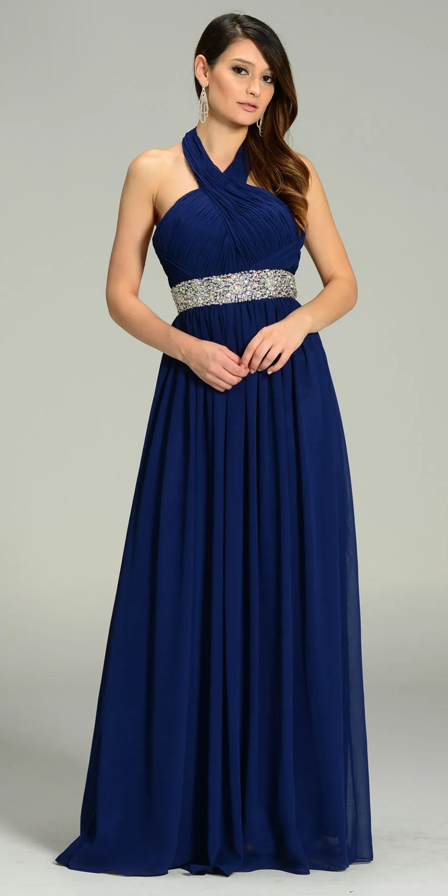 Poly USA 7248 Long Chiffon Column Gown Halter Rhinestone Waist