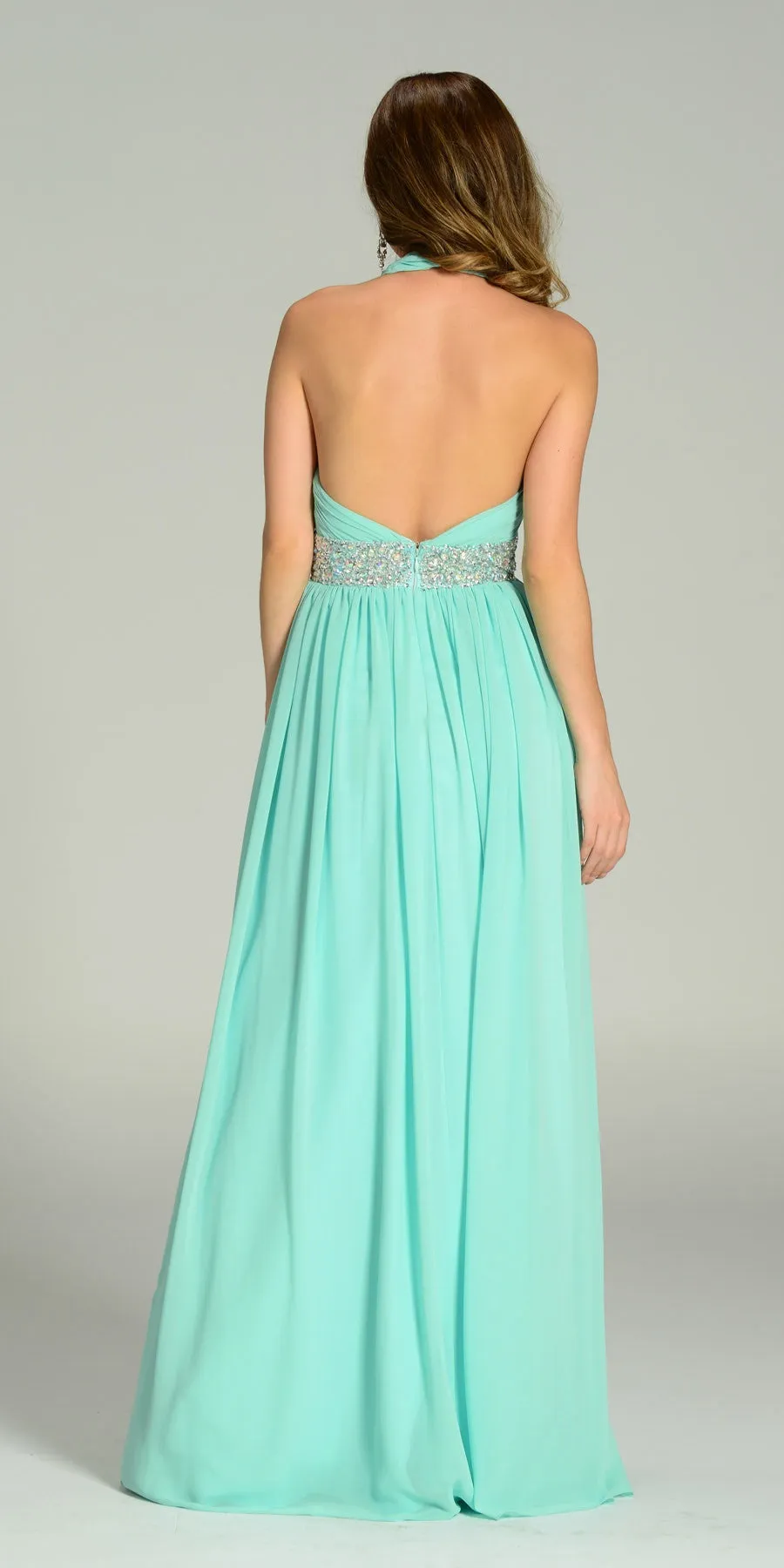 Poly USA 7248 Long Chiffon Column Gown Halter Rhinestone Waist