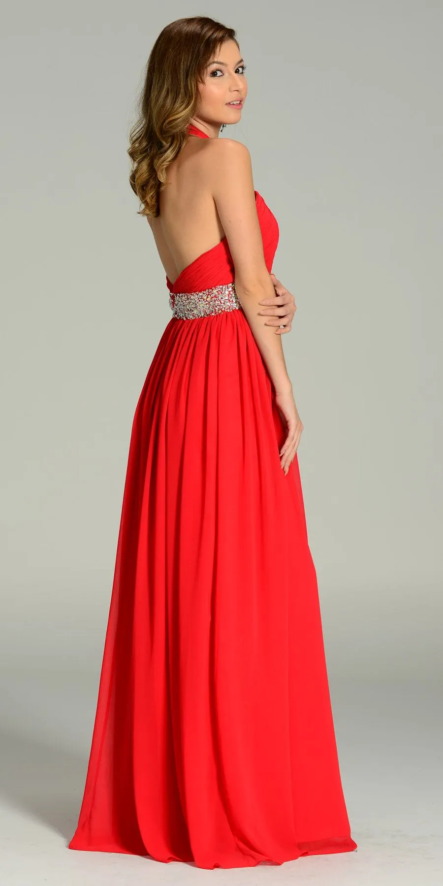 Poly USA 7248 Long Chiffon Column Gown Halter Rhinestone Waist