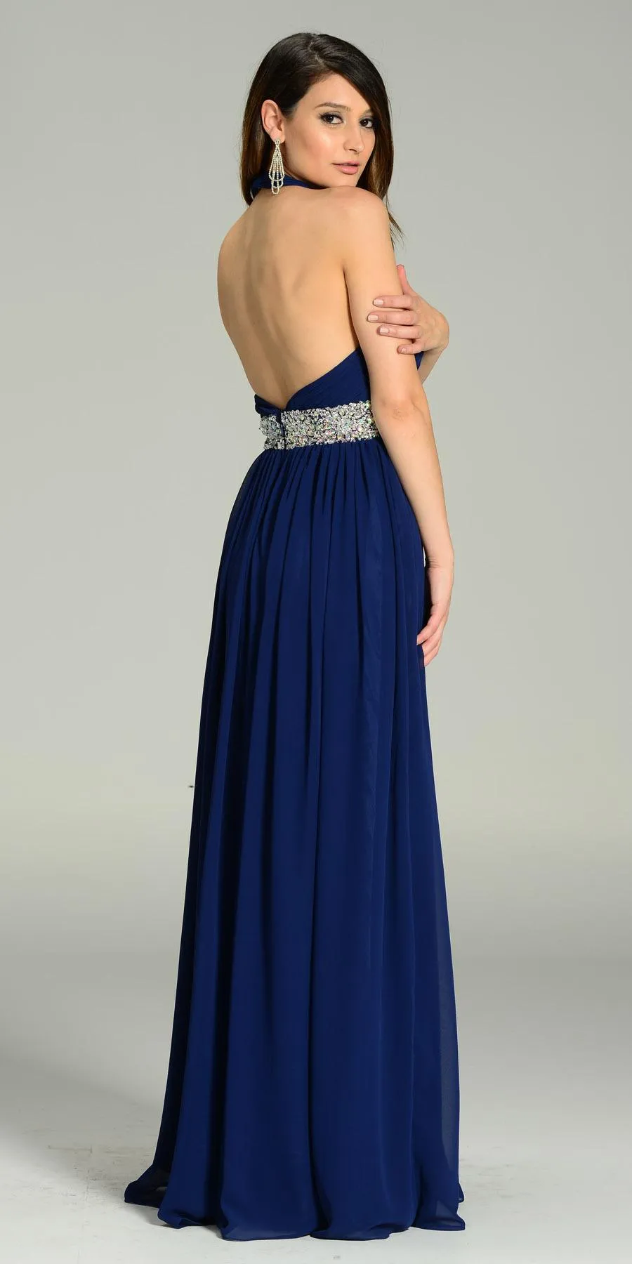 Poly USA 7248 Long Chiffon Column Gown Halter Rhinestone Waist