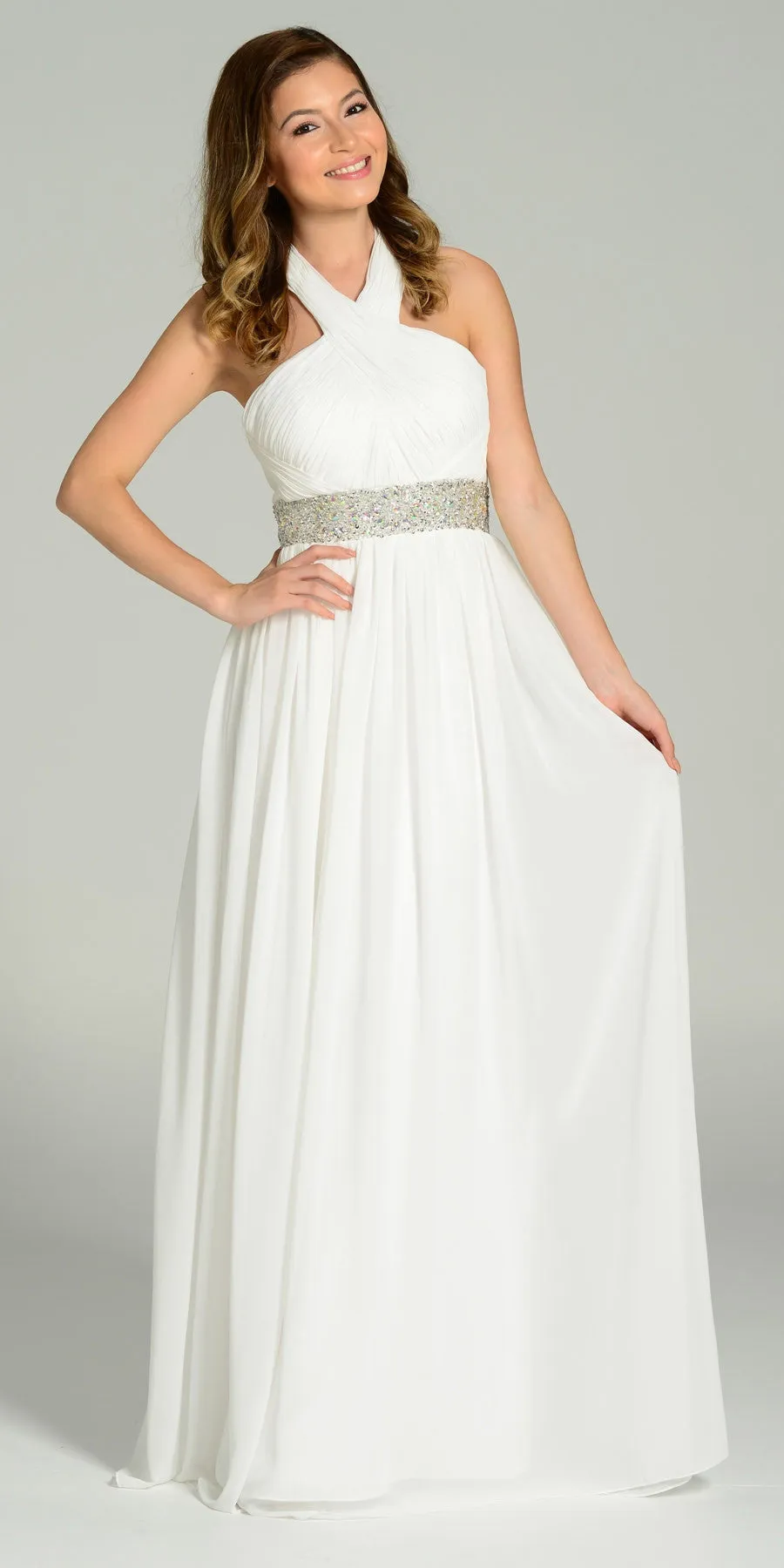 Poly USA 7248 Long Chiffon Column Gown Halter Rhinestone Waist