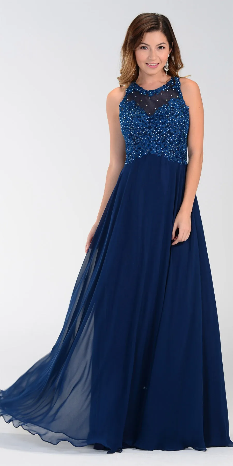 Poly USA 7454 Long Flowy Gown Empire Sheer Bodice