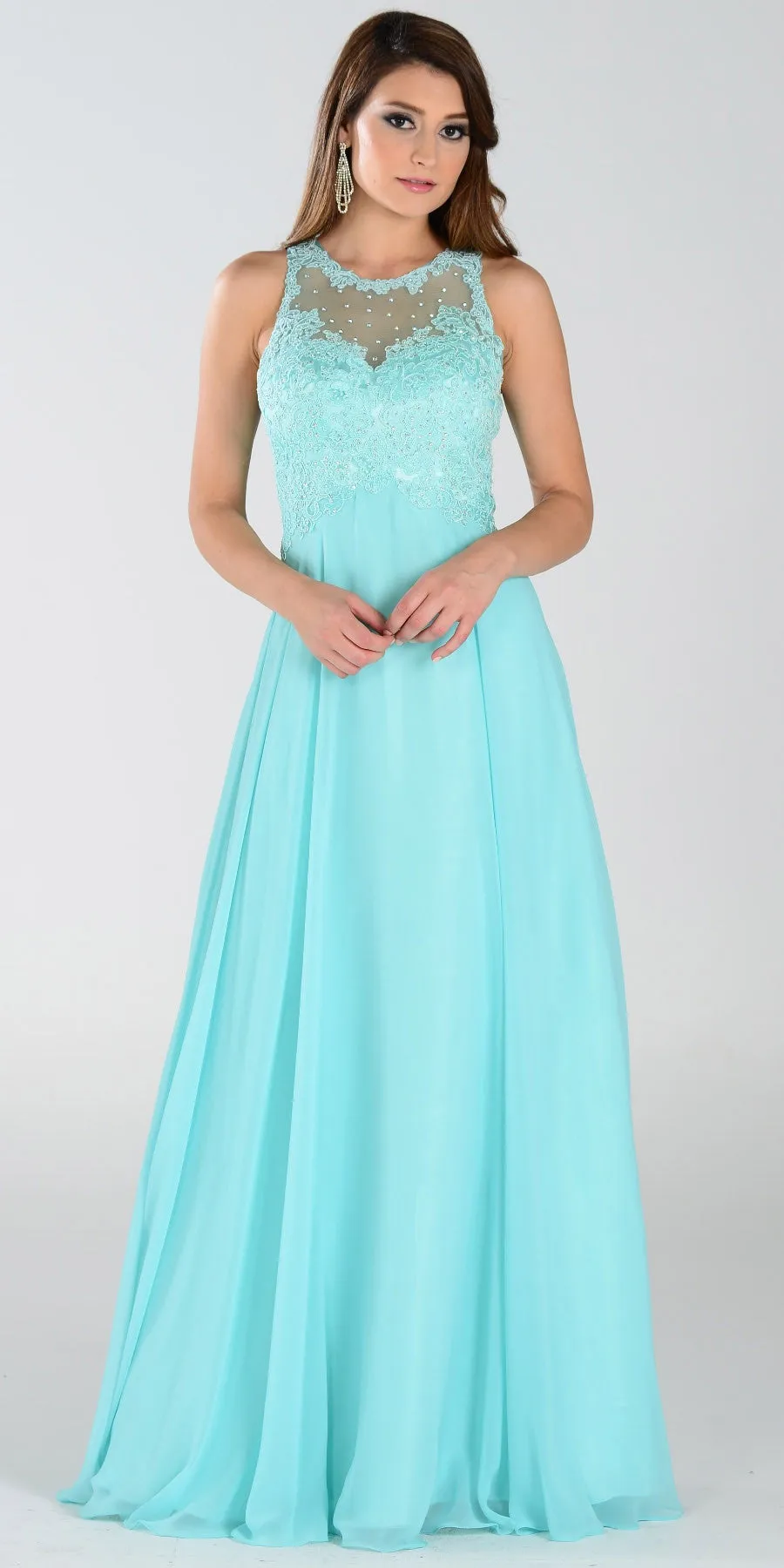 Poly USA 7454 Long Flowy Gown Empire Sheer Bodice