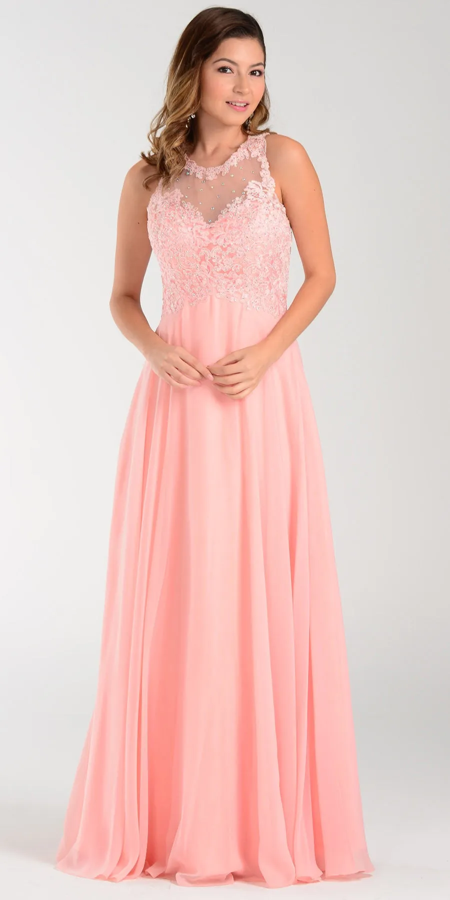 Poly USA 7454 Long Flowy Gown Empire Sheer Bodice