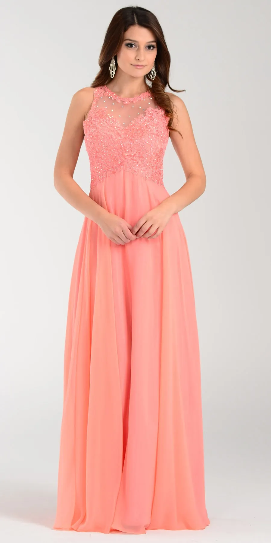 Poly USA 7454 Long Flowy Gown Empire Sheer Bodice