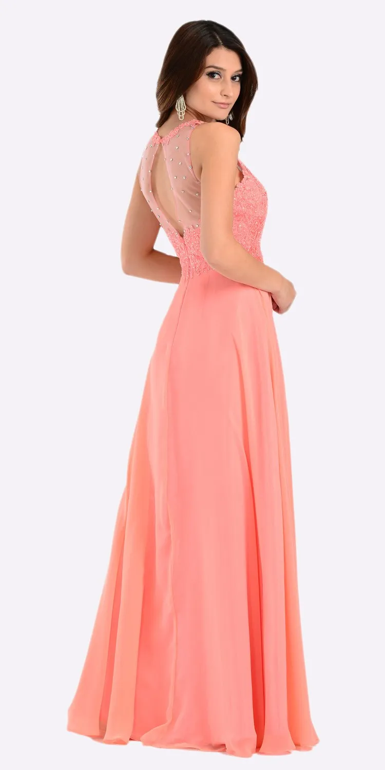 Poly USA 7454 Long Flowy Gown Empire Sheer Bodice