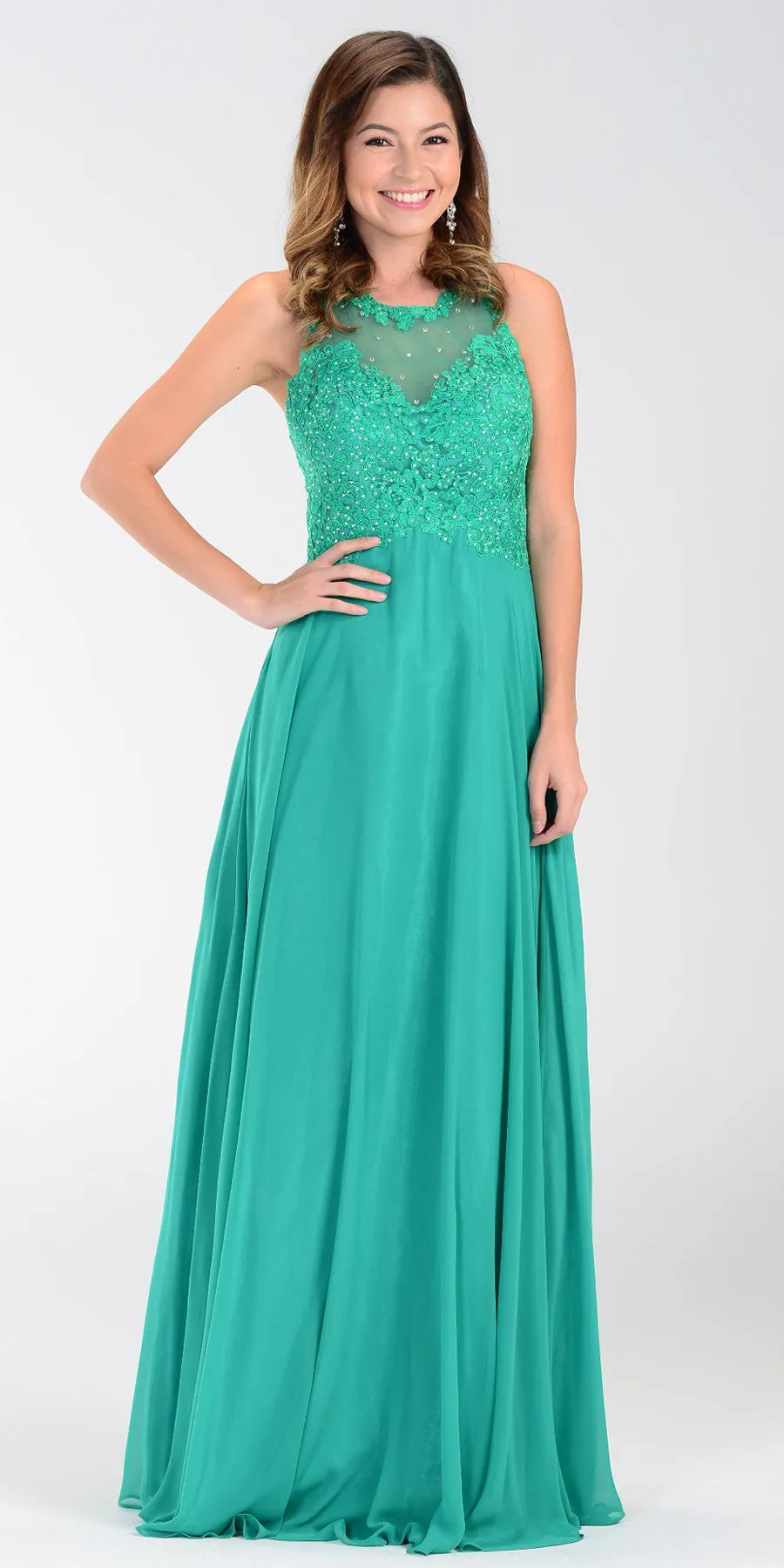 Poly USA 7454 Long Flowy Gown Empire Sheer Bodice