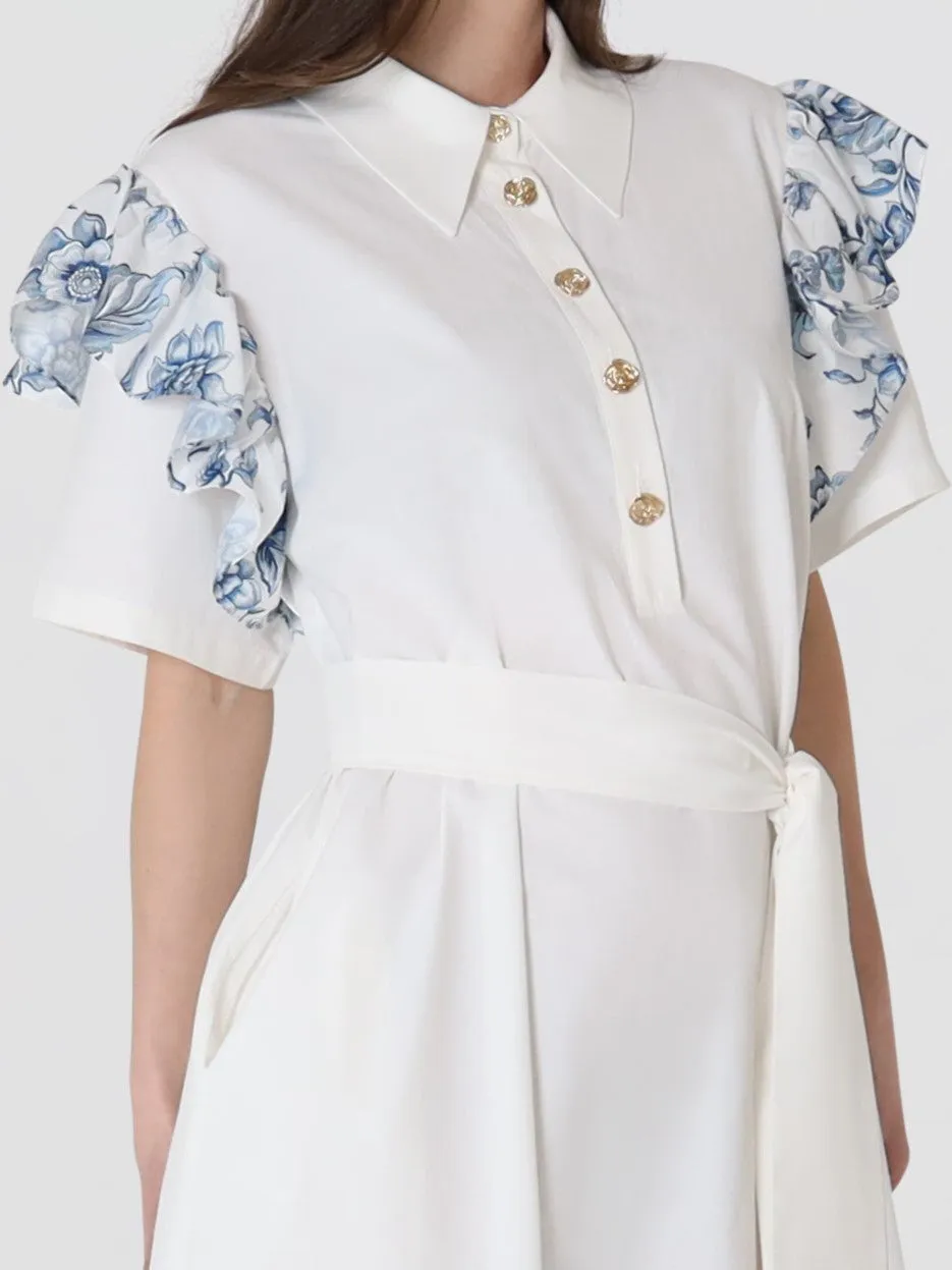 Porcelain White Ruffled Women's Cotton Short Sleeves Midi Dress