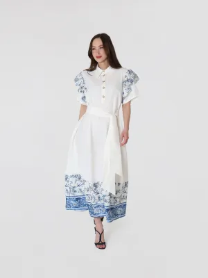 Porcelain White Ruffled Women's Cotton Short Sleeves Midi Dress