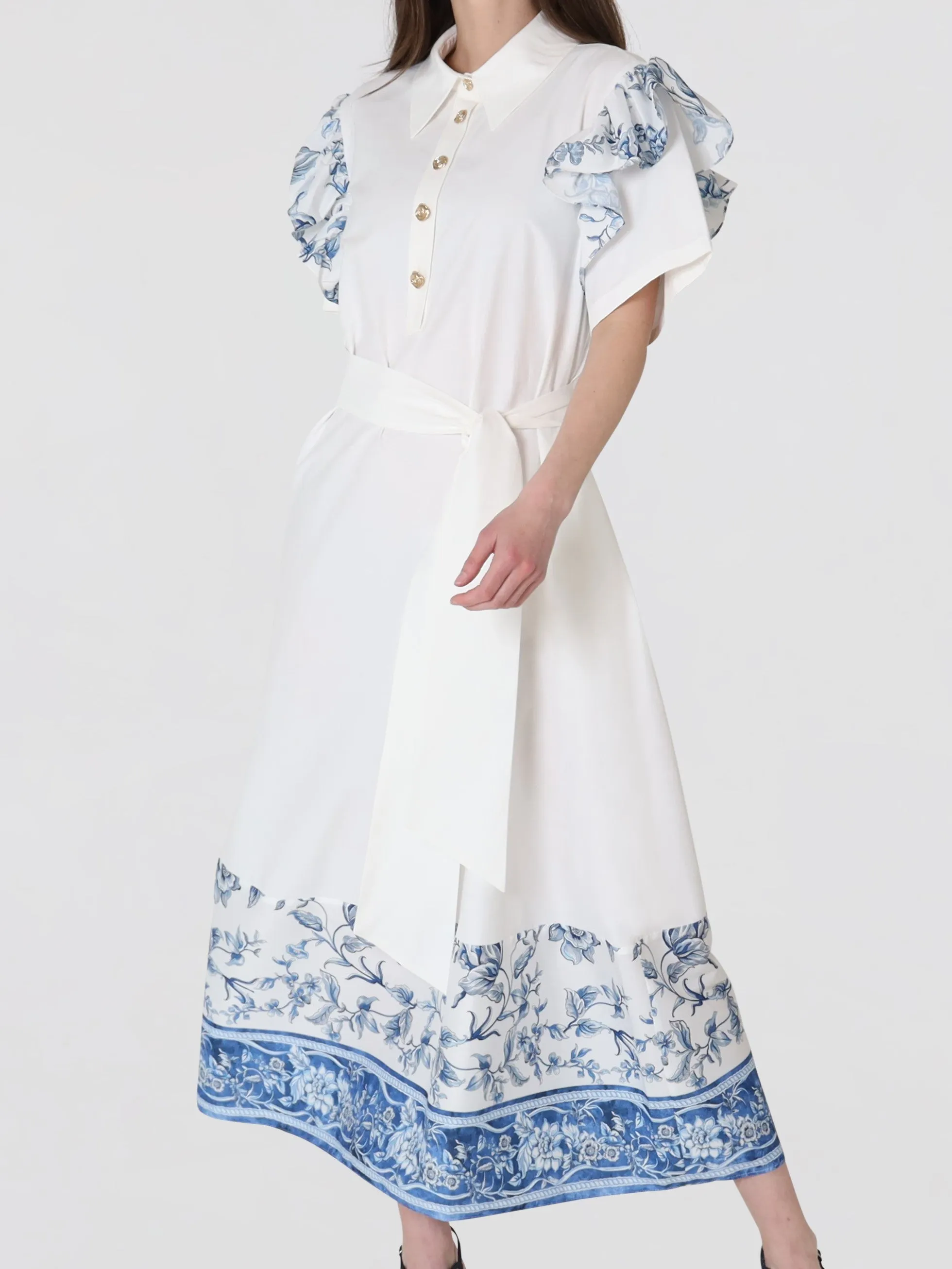 Porcelain White Ruffled Women's Cotton Short Sleeves Midi Dress