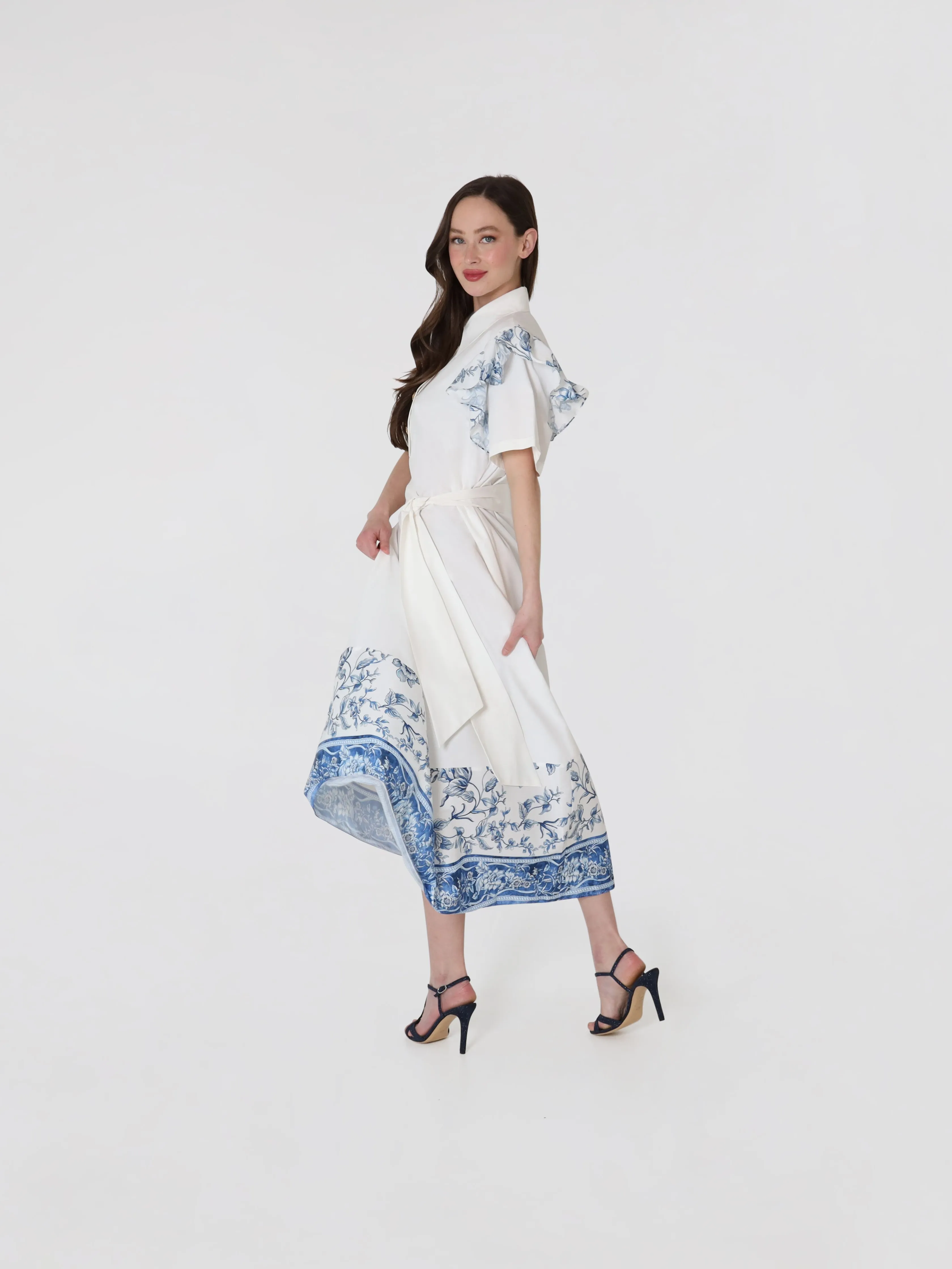 Porcelain White Ruffled Women's Cotton Short Sleeves Midi Dress