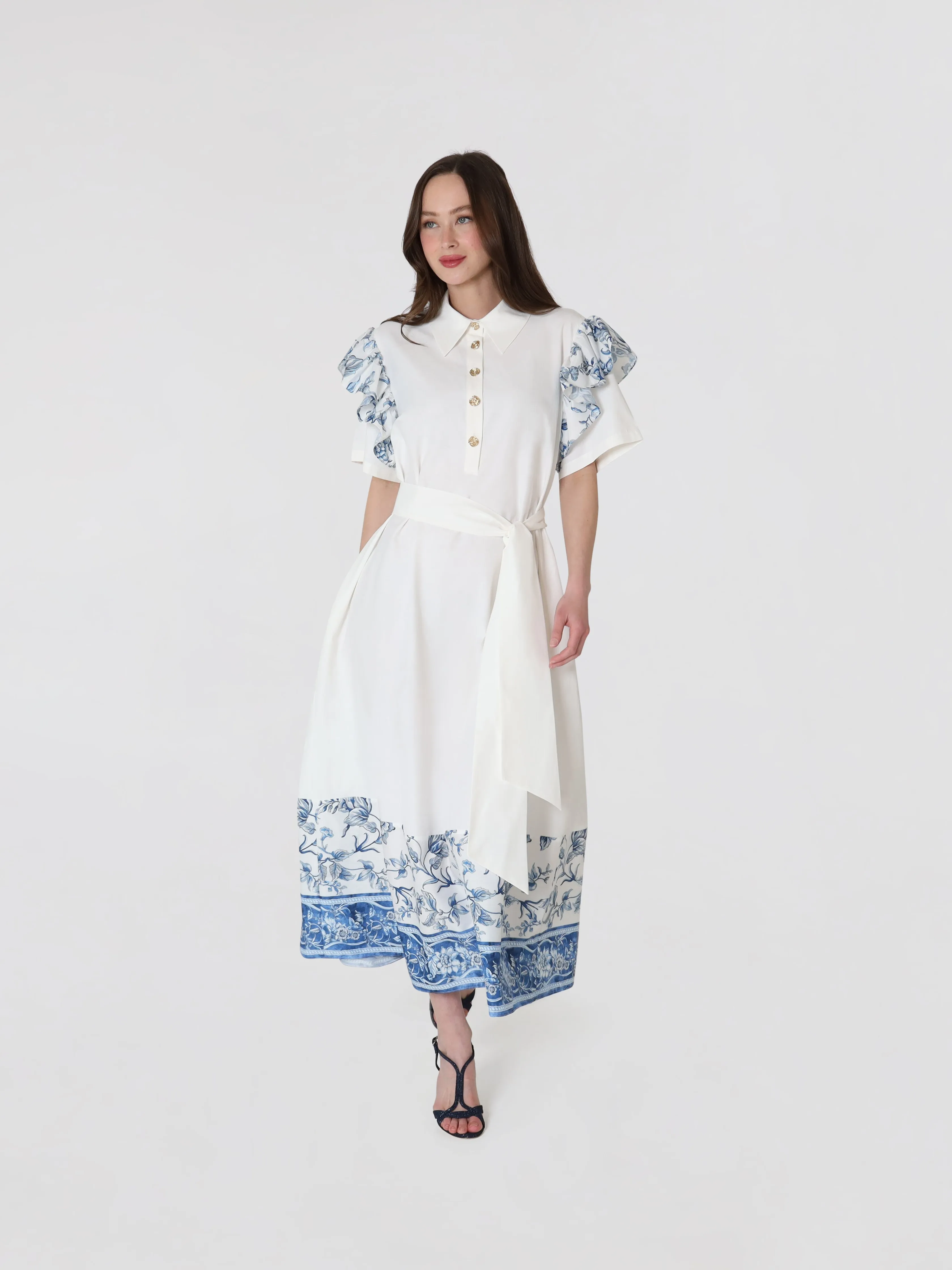 Porcelain White Ruffled Women's Cotton Short Sleeves Midi Dress