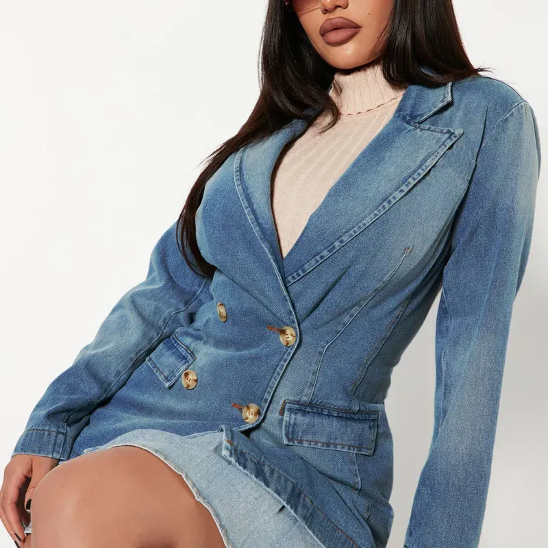 Prestige Double-Breasted Tailored Denim Blazer Jacket