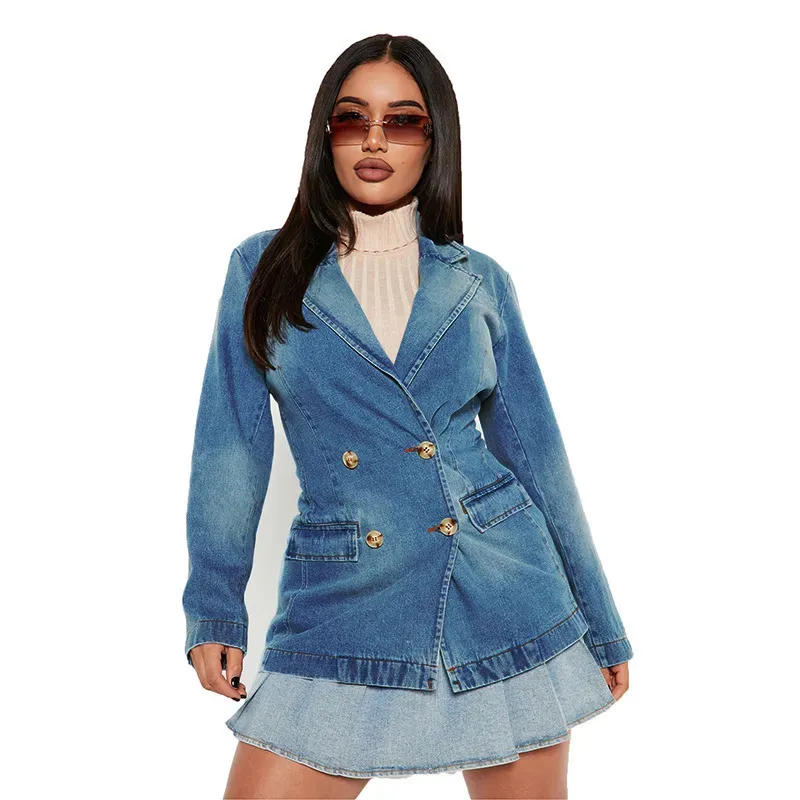 Prestige Double-Breasted Tailored Denim Blazer Jacket