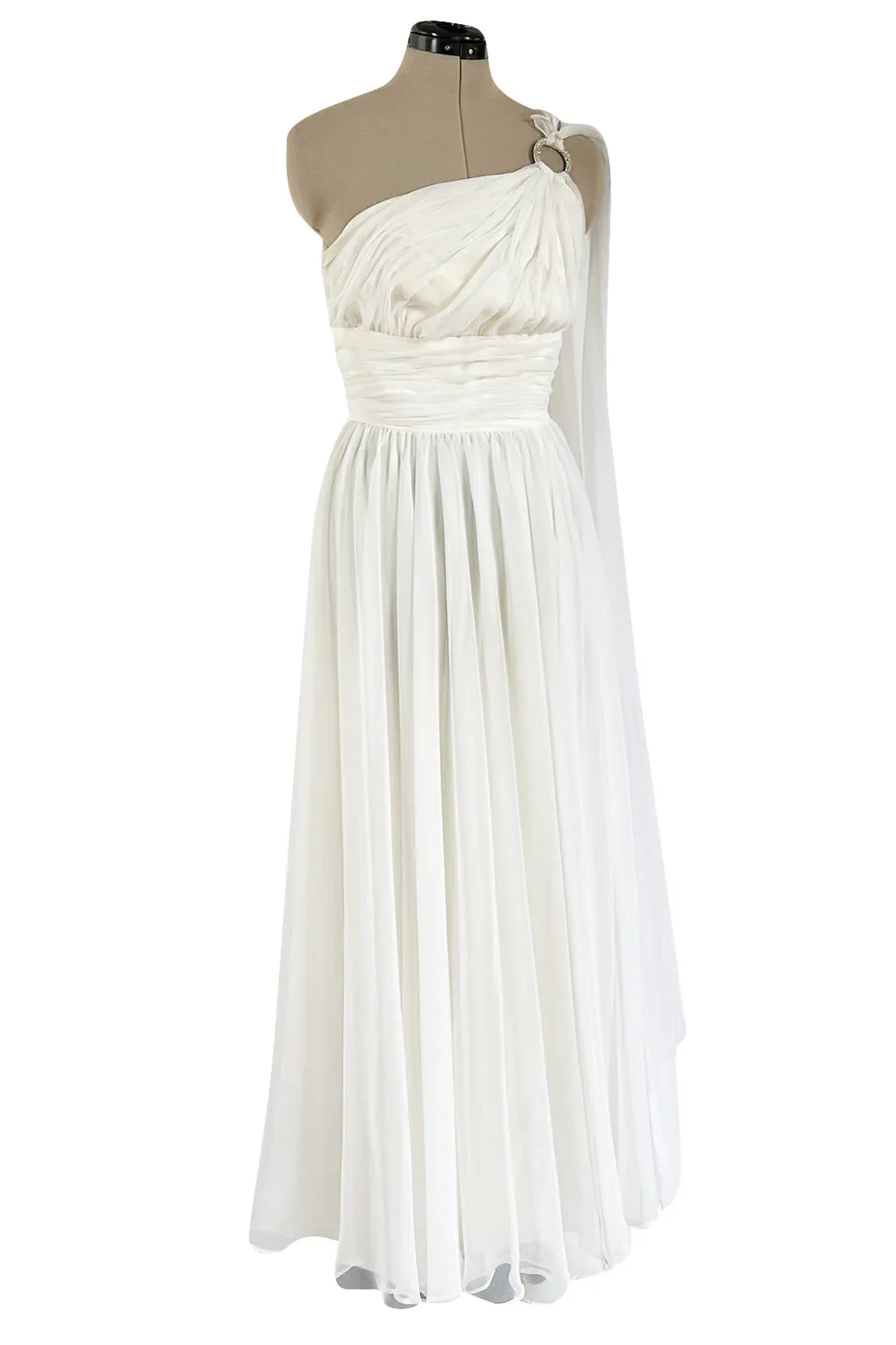 Prettiest 1960s Kiki Hart One Shoulder White Chiffon Dress w Full Skirts & Cascading Panel