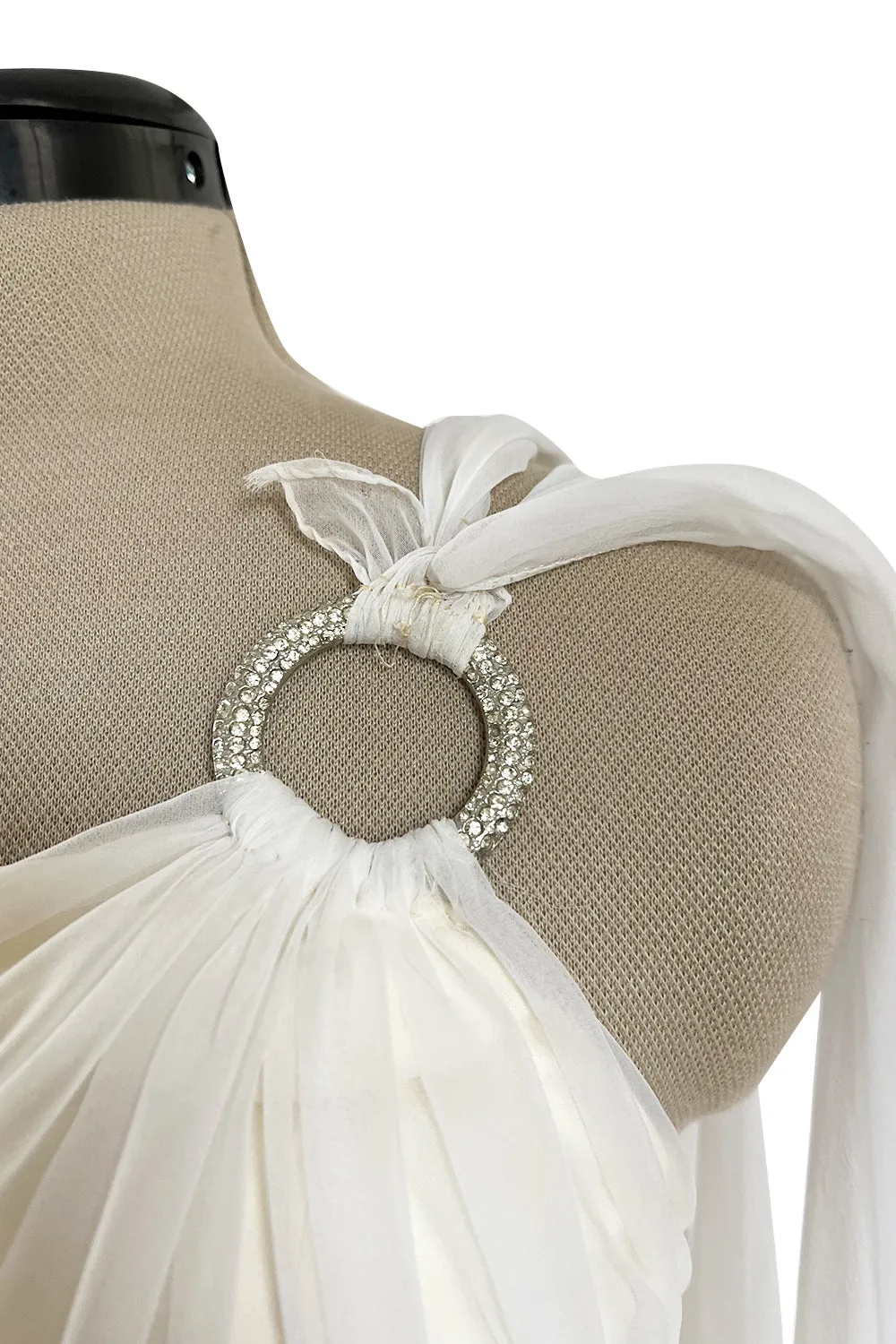 Prettiest 1960s Kiki Hart One Shoulder White Chiffon Dress w Full Skirts & Cascading Panel