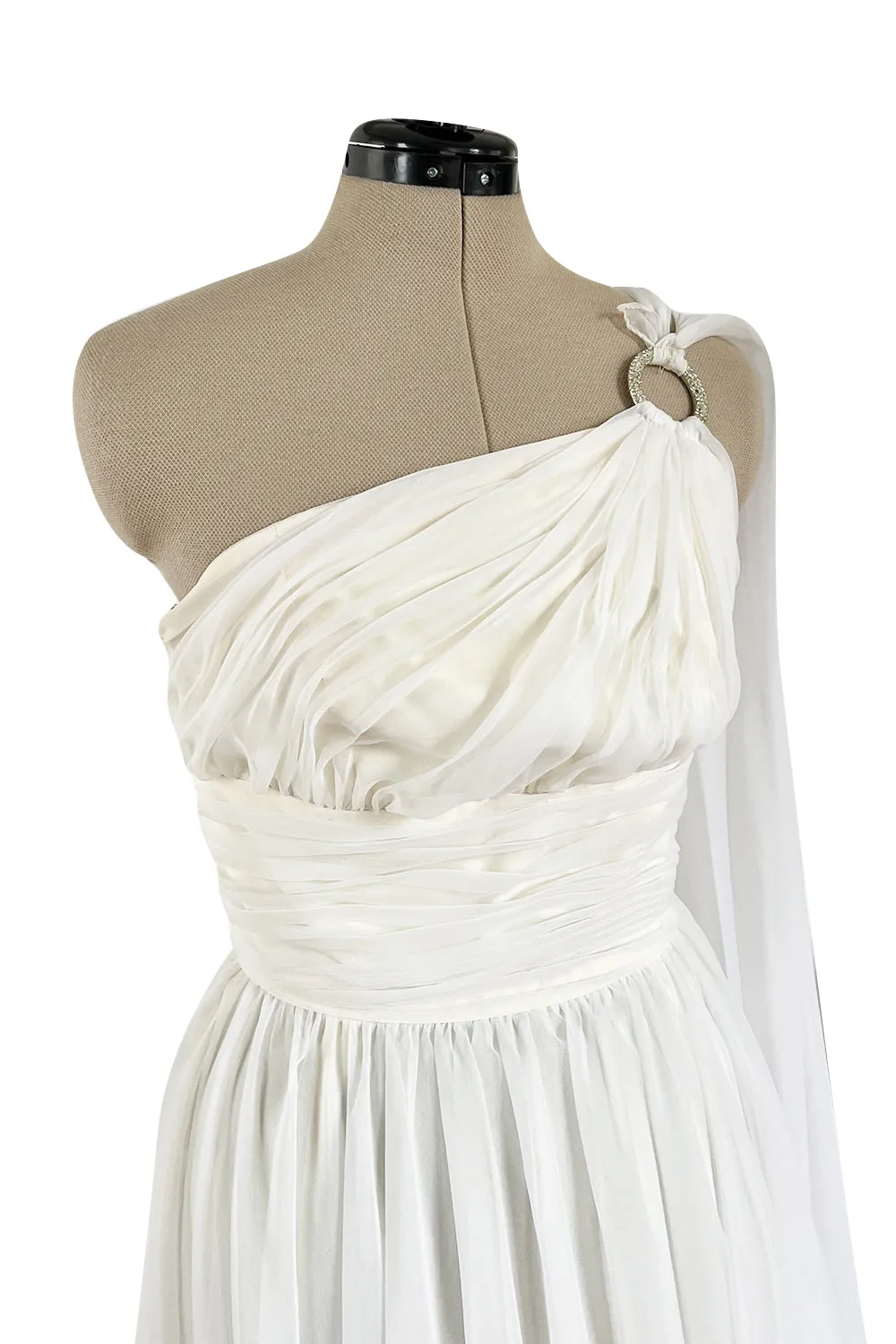 Prettiest 1960s Kiki Hart One Shoulder White Chiffon Dress w Full Skirts & Cascading Panel