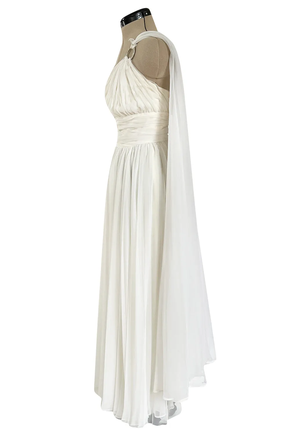 Prettiest 1960s Kiki Hart One Shoulder White Chiffon Dress w Full Skirts & Cascading Panel
