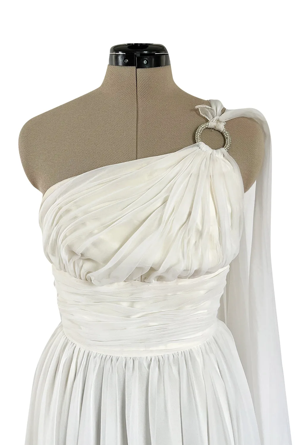 Prettiest 1960s Kiki Hart One Shoulder White Chiffon Dress w Full Skirts & Cascading Panel