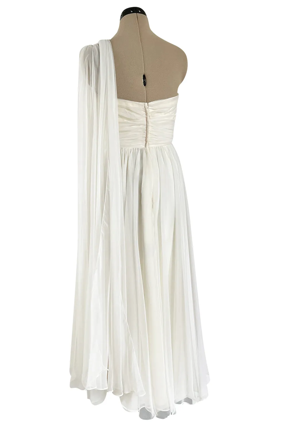 Prettiest 1960s Kiki Hart One Shoulder White Chiffon Dress w Full Skirts & Cascading Panel