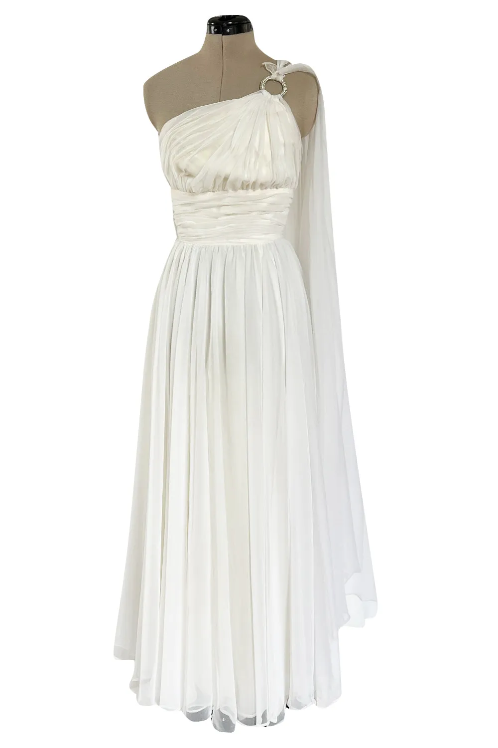 Prettiest 1960s Kiki Hart One Shoulder White Chiffon Dress w Full Skirts & Cascading Panel