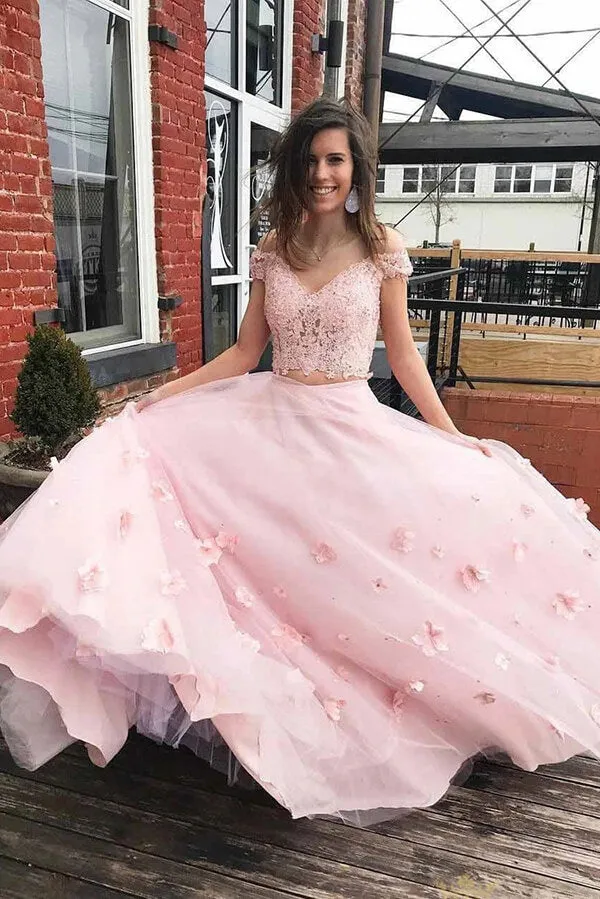Pretty Blue Two Piece Off-the-Shoulder Lace Prom Dresses with 3D Flowers, SP672
