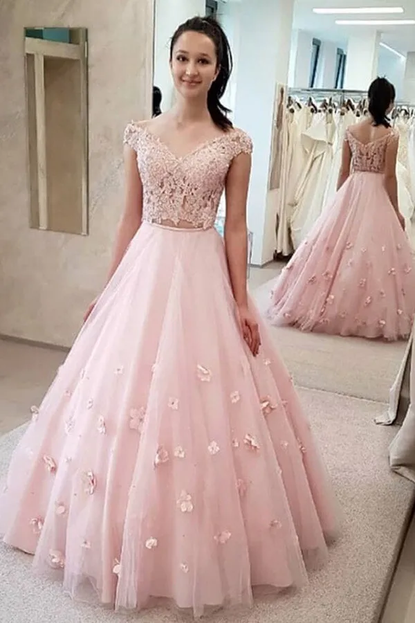 Pretty Blue Two Piece Off-the-Shoulder Lace Prom Dresses with 3D Flowers, SP672