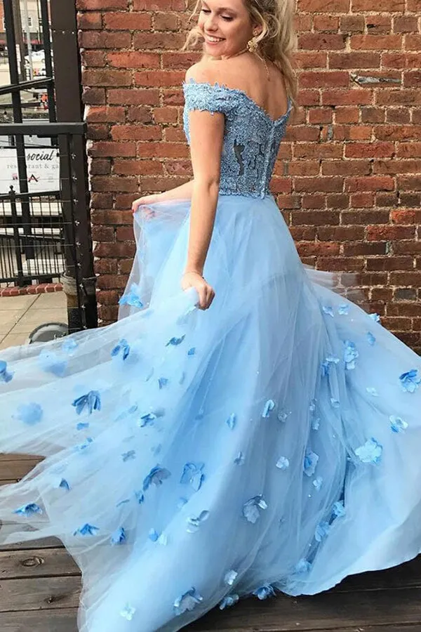 Pretty Blue Two Piece Off-the-Shoulder Lace Prom Dresses with 3D Flowers, SP672