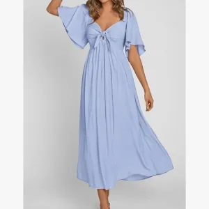 Pretty Garden Casual Short Sleeve Bow Tie V Neck Ruffle Midi Flowy Dresses