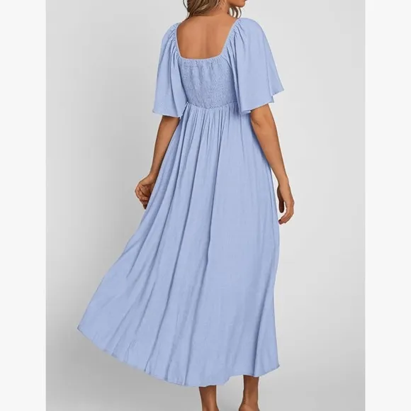 Pretty Garden Casual Short Sleeve Bow Tie V Neck Ruffle Midi Flowy Dresses