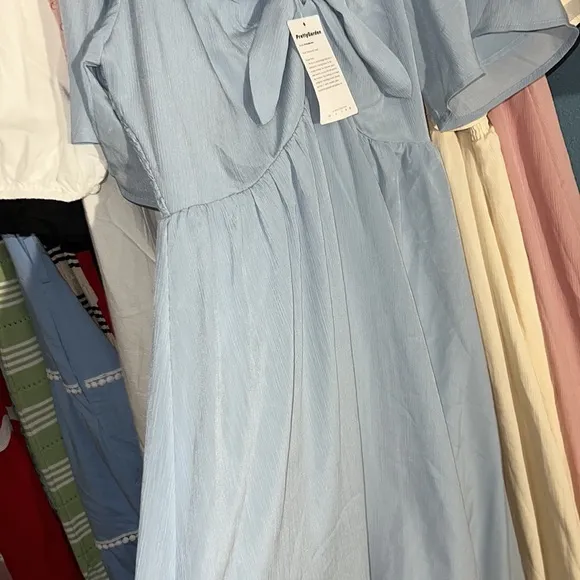 Pretty Garden Casual Short Sleeve Bow Tie V Neck Ruffle Midi Flowy Dresses
