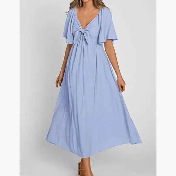 Pretty Garden Casual Short Sleeve Bow Tie V Neck Ruffle Midi Flowy Dresses