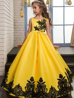 Princess Yellow Lace Applique Bow Decor Kids Pageant flower girl dresses