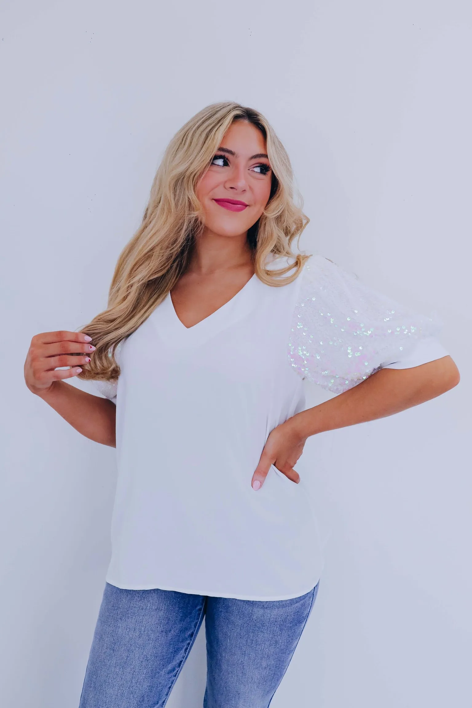 Priscilla Sequin Puff Sleeve Top - White