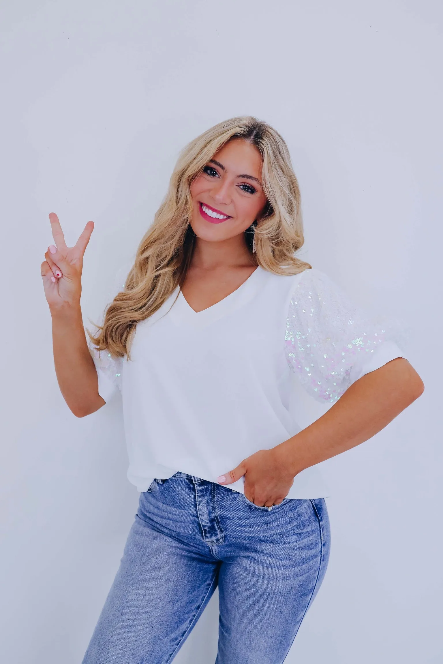 Priscilla Sequin Puff Sleeve Top - White