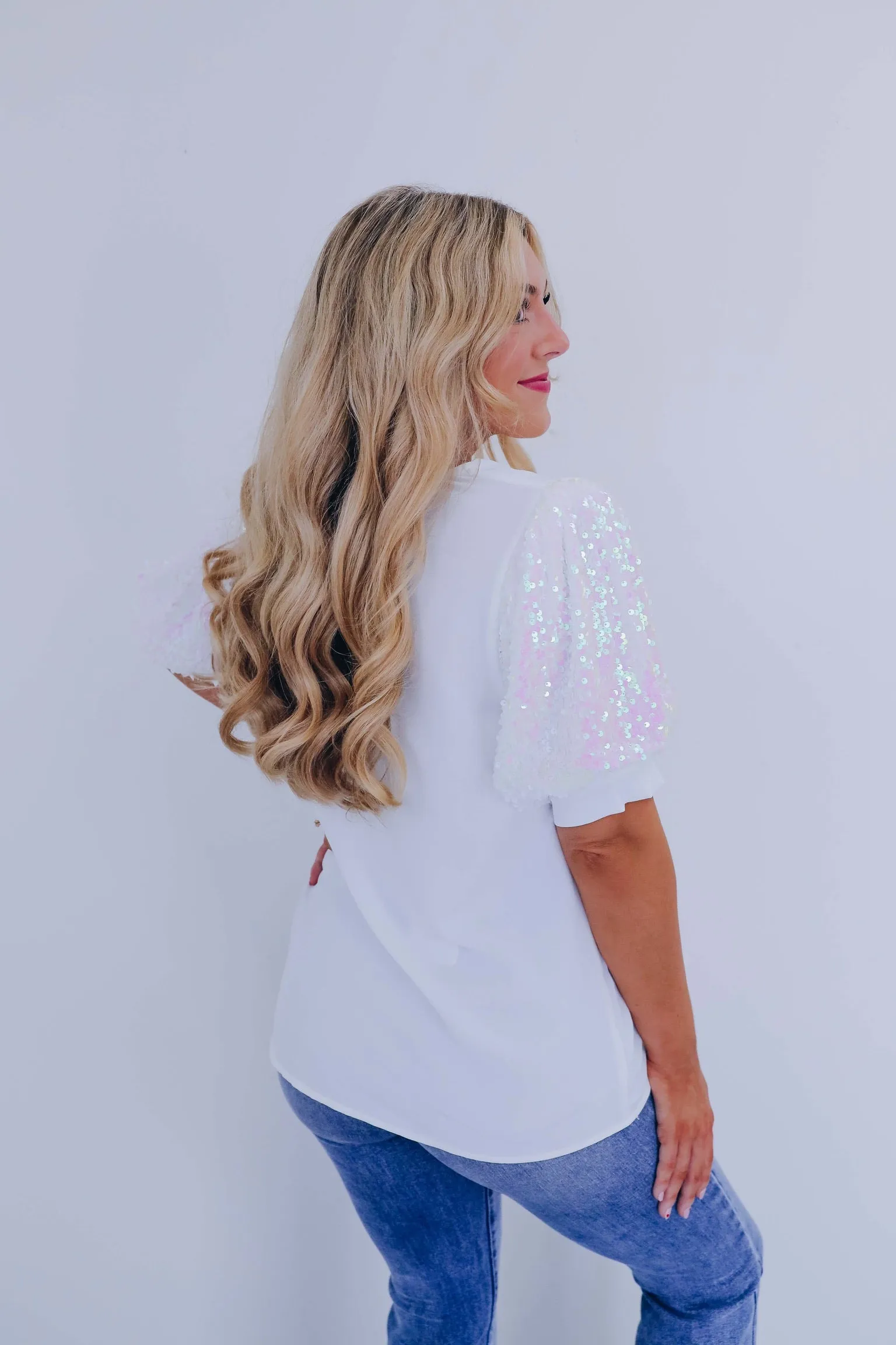 Priscilla Sequin Puff Sleeve Top - White