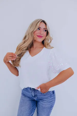 Priscilla Sequin Puff Sleeve Top - White