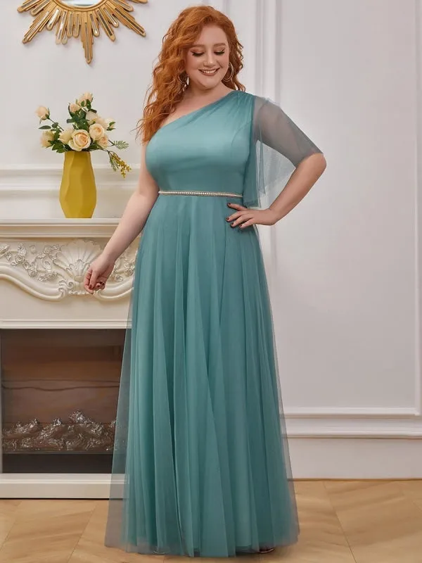Prom Dress Cyan Blue Polyester One-Shoulder A-Line Sleeveless Backless Maxi Party Dresses