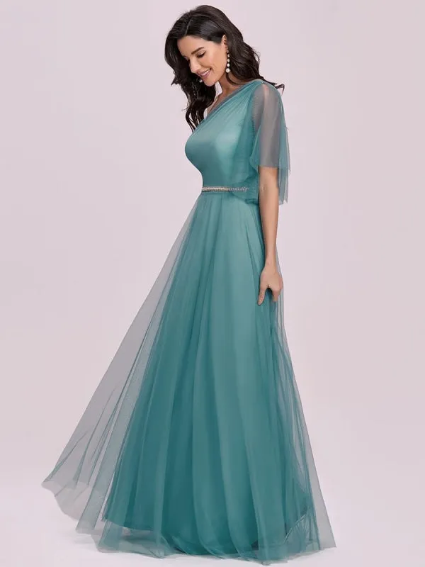 Prom Dress Cyan Blue Polyester One-Shoulder A-Line Sleeveless Backless Maxi Party Dresses