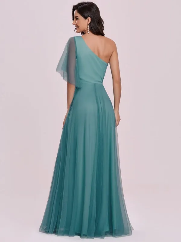 Prom Dress Cyan Blue Polyester One-Shoulder A-Line Sleeveless Backless Maxi Party Dresses